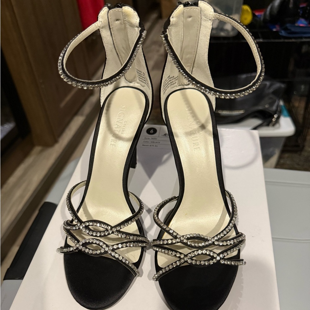 Crystal-Strap Black Evening Sandals - Women